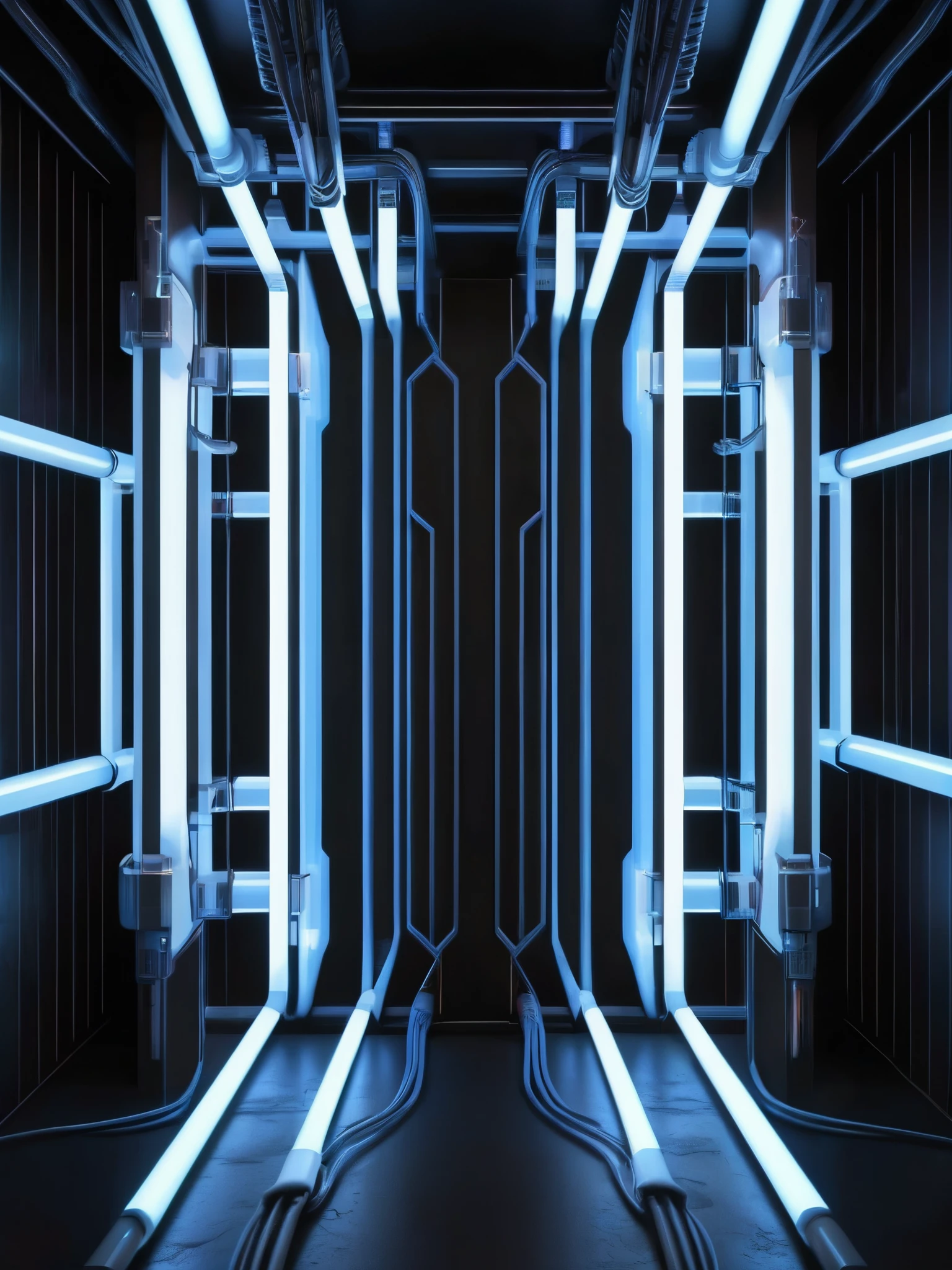 pared, Futuristic background image with hell theme, cables hell neon, symmetrical image, hell, White wall, negro, Blue, futuristic techno stage