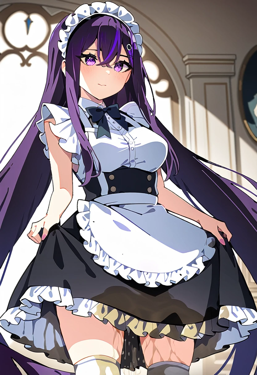 (masterpiece:1.37), best quality, (extremely detailed:1.37), woman, mature, adult, large breasts, (very long hair:1.5), dark purple hair, purple eyes, (extremely detailed eyes:1.37), maid uniform, desperation, (wetting self:2.0), standing, indoors, fantasy setting, manor, mansion