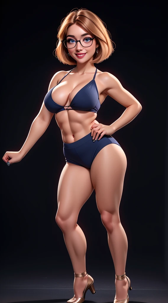 glasses,, shape slim light hazelnut hair, bob haircut, blue eyes, full lips, black background, high quality photography full body picture stand up big-boobs abs sexy 19 years old (( pose sexy play with dancepole)) quiet smile