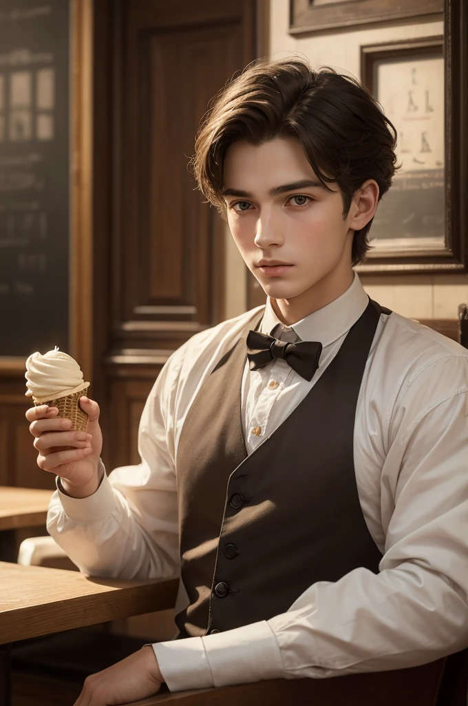 ((best quality)), ((masterpiece)), (detailed), perfect face boy man in the 1905s asking a serious-looking waitress in an ice cream shop full of customers.
