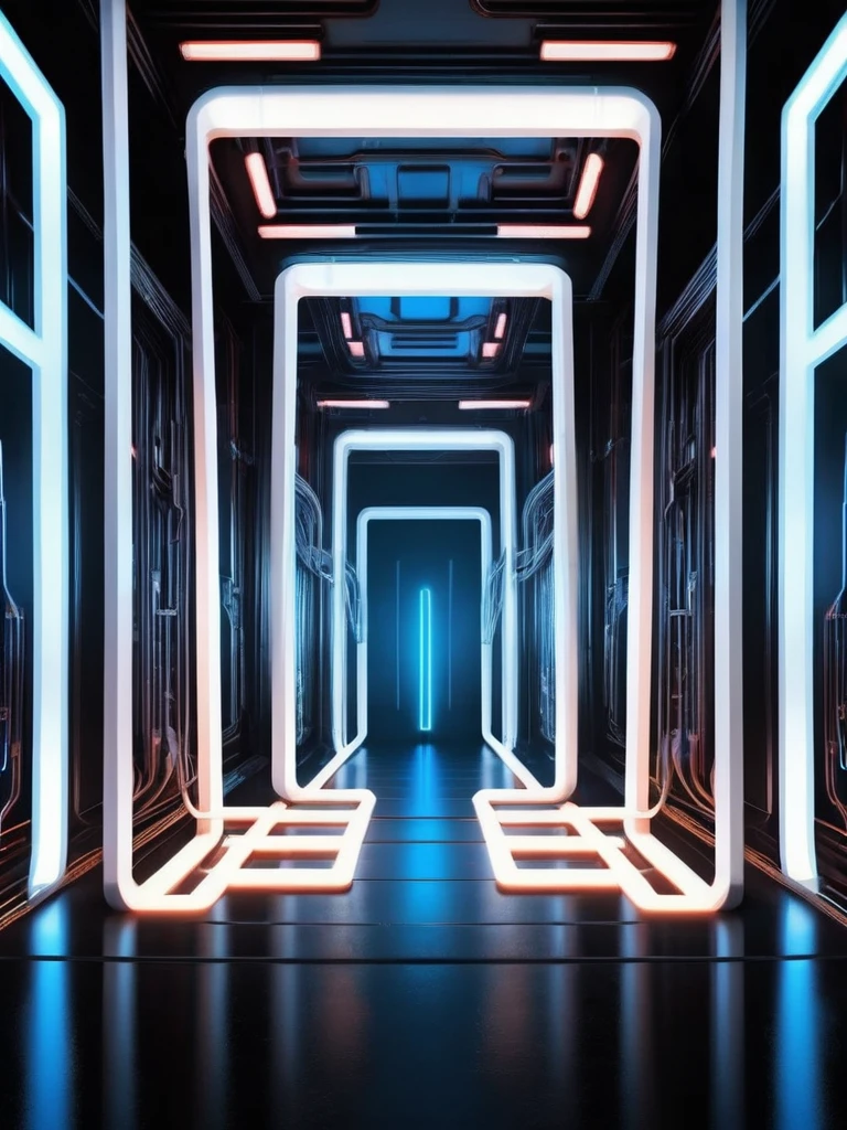 pared, Futuristic background image with hell theme, cables hell neon, symmetrical image, hell, White wall, negro, Blue, futuristic techno stage
