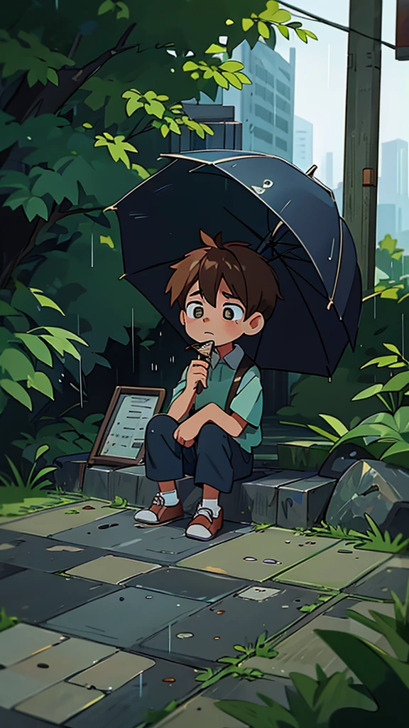 To a very sad  boy sitting on a sidewalk crying The weather is rainy 