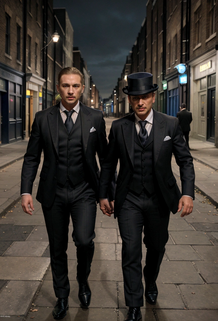 two men with suits standing on a dark street in Whitechapel, London, 1888, hyper-realistic, Photo realism, cinematography, --ar9:16, Facial details: high, marine art