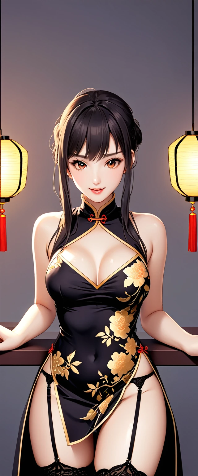 High resolution, Adult female , Good lighting, virile, , (No nudity), (((China dress))), (()), ((())), (garter belt), Abdominal area only, (), , Cute face, I'blush with embarrassment, Humiliating, ((Looking Back)), ((See-through))()(Thong)(A lot of stuff is attached to the body,)