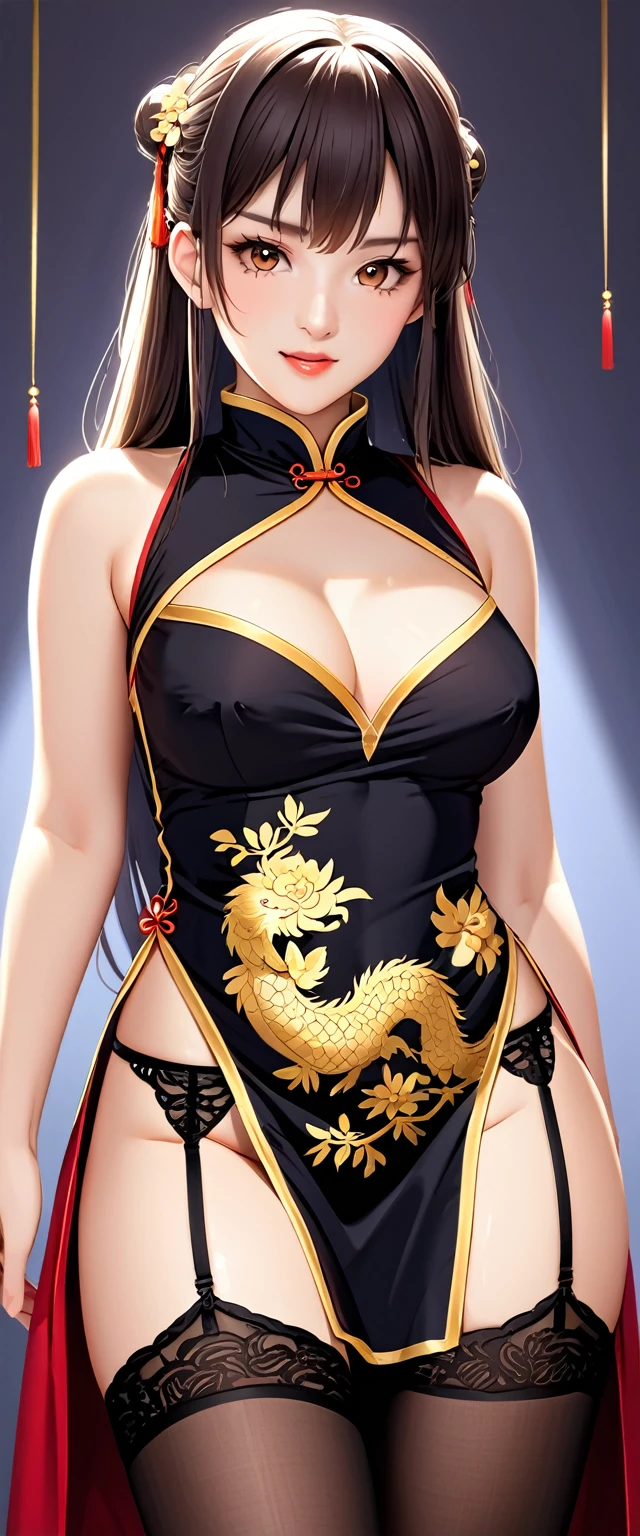 High resolution, Adult female , Good lighting, virile, , (No nudity), (((China dress))), (()), ((())), (garter belt), Abdominal area only, (), , Cute face, I'blush with embarrassment, Humiliating, ((Looking Back)), ((See-through))()(Thong)(A lot of stuff is attached to the body,)