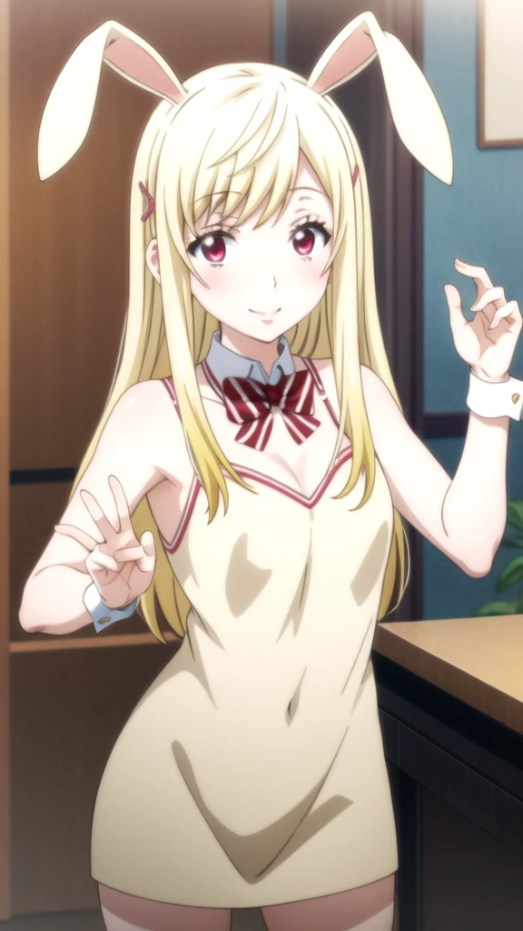 Una chica with rabbit ears posando para una foto, Ecchi anime style, oppai bunny, ecchi, Azure Lane Style, ecchi style, anime girl, SFW version, with rabbit ears, from front line girl, Ahegao, fine details. front line girls, oppai proportions (anime girl) Yamada mocking smile_yellow, 1chica , by rubio, alone, wide, hair ornament, , smile, bow, red eyes my dress darling anime, beautiful seductress anime anime