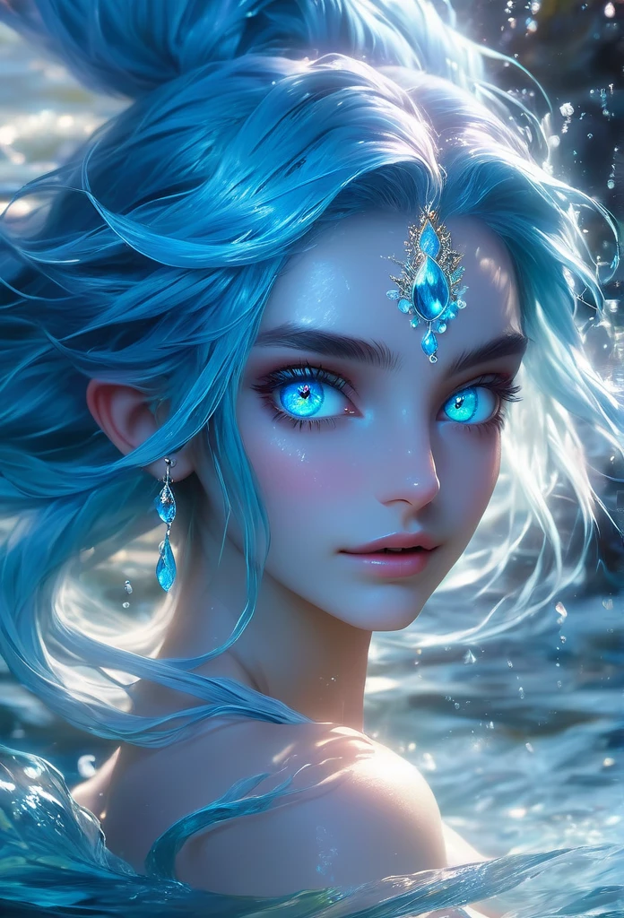 The extreme beautiful young water genasi of water, light blue skin, colorful mystic light, water glow eyes, blue hair, UHD, by Aleksi Briclot and Alessio Albi and Emilia Rodriguez and Adela Weiss, blushing, innocent looking
