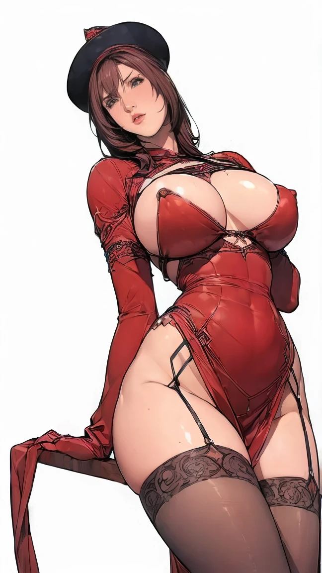 ((best quality)),(Ultra-high resolution),(Very detailed),(Detailed description),((Best CG)),(masterpiece),Highly detailed art,Amazing Art,(Contemporary art with precise details:1.5),Witch,Female magician, (1. Female fashion models:1.6),(beautiful and well-proportioned face:1.5),Fashion Leader:1.6,Powerful gaze:1.4,(Wearing hat at an angle:1.3),(Extra large breasts:1.5),(big breast:1.5),(Medieval evening gown:1.5),White thighs,Long legs,Open your legs,Tall,Garter stockings,Red high heels,(g-string:1.5),Cropped tops,White background