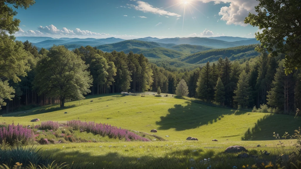 Hyper-realistic cinematic photographic patterns, lighting and ultra-detailed image. an image showing a vast landscape with signs of life, including small trees, bushes and animals in the distance. The color palette includes vibrant greens, warm browns, and soft shades of blue. The composition offers a panoramic view of the land with living elements distributed harmoniously across the land. The atmosphere is welcoming and prosperous, symbolizing a promising and abundant future. widescreen format image with 4K resolution.