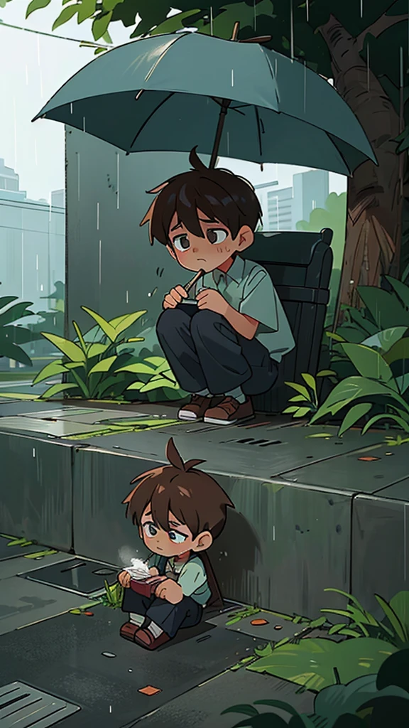 To a very sad little boy sitting on a sidewalk crying The weather is rainy