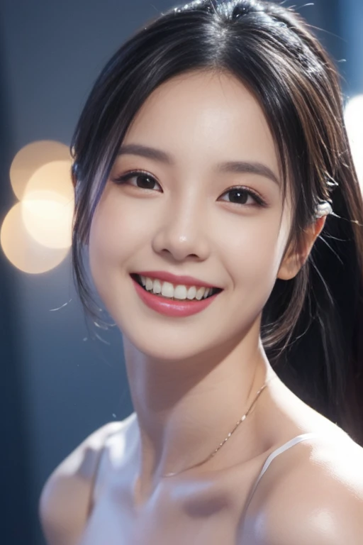 1 female, Dream Background, (Highly detailed body, very detailed face, top quality:1. Women), Looking at the audience, Smile with teeth, I can't see her hands, (Very Long Layered Hair:1.2), (Her thighs are beautiful:1.3), (8K:1.5), (cute man's Y shirt:1.3), (Skin radiance:1.3), (Huge breasts:1.3), The most beautiful woman in Korea, beautiful bridge, ,