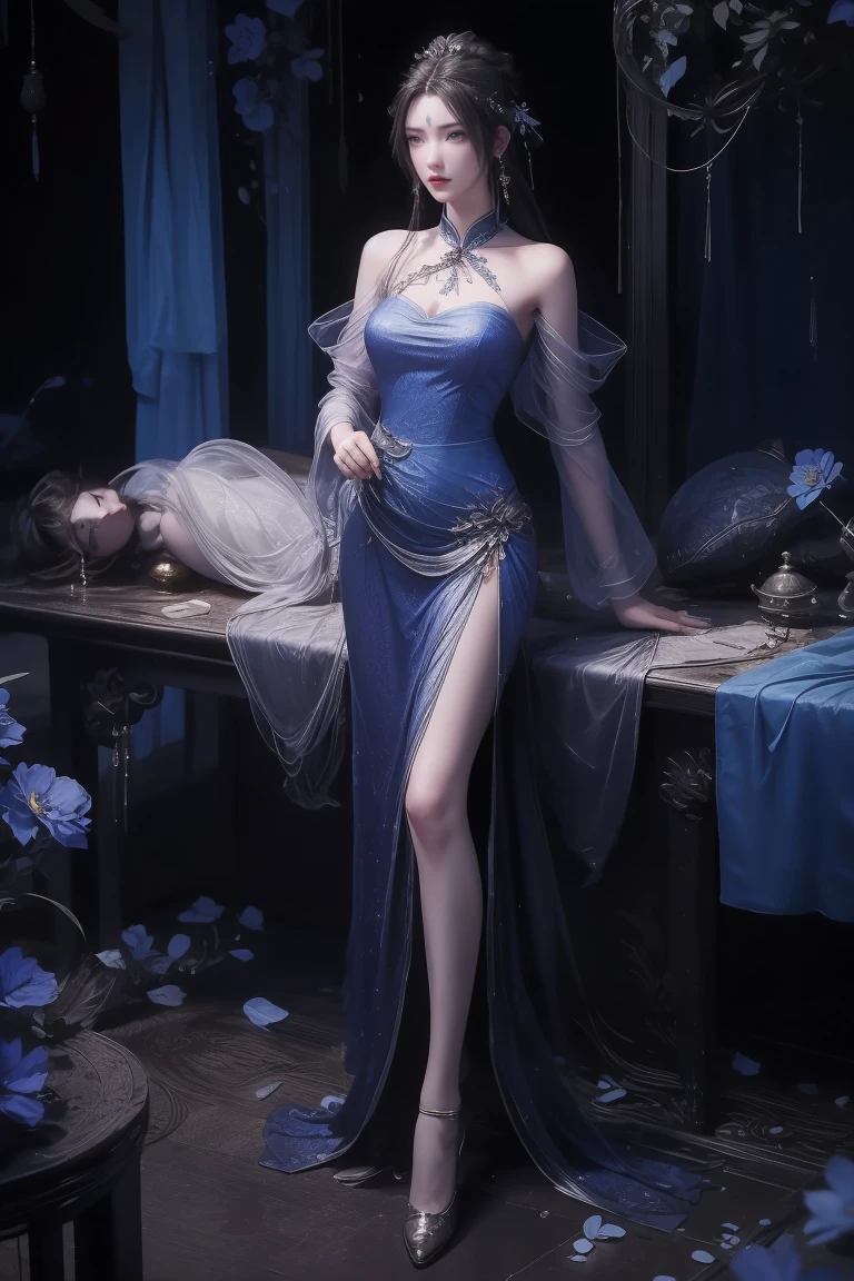A beautiful woman with perfect curves wearing a long blue dress that gently flutters in the air,The beautiful woman was lie down in a sea of beautiful flowers surrounding her, Chinese traditional, her flexible body increasing with every movement, So enchanting, the dim candlelight, the glowing butterflies fighting the darkness of the night, the light of the moon, The night wind blowing the curtains, the blue flower petals , flower petals flying around the room, Chinese dancing, This woman is so beautiful that she attracts everyone who watches her, ancient China, imperial empress