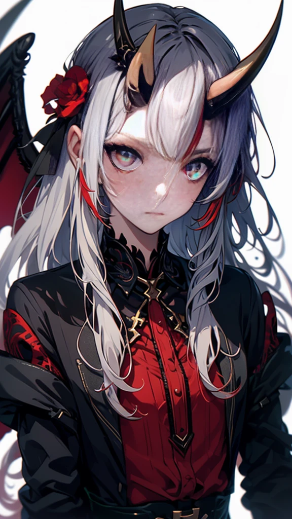 1boy, solo, super fine illustration, an extremely delicate and beautiful, best quality, demon horns, demon wings, youthful, dark and menacing, noble attire, white background, intense gaze, intricate details, otherworldly, fantasy.