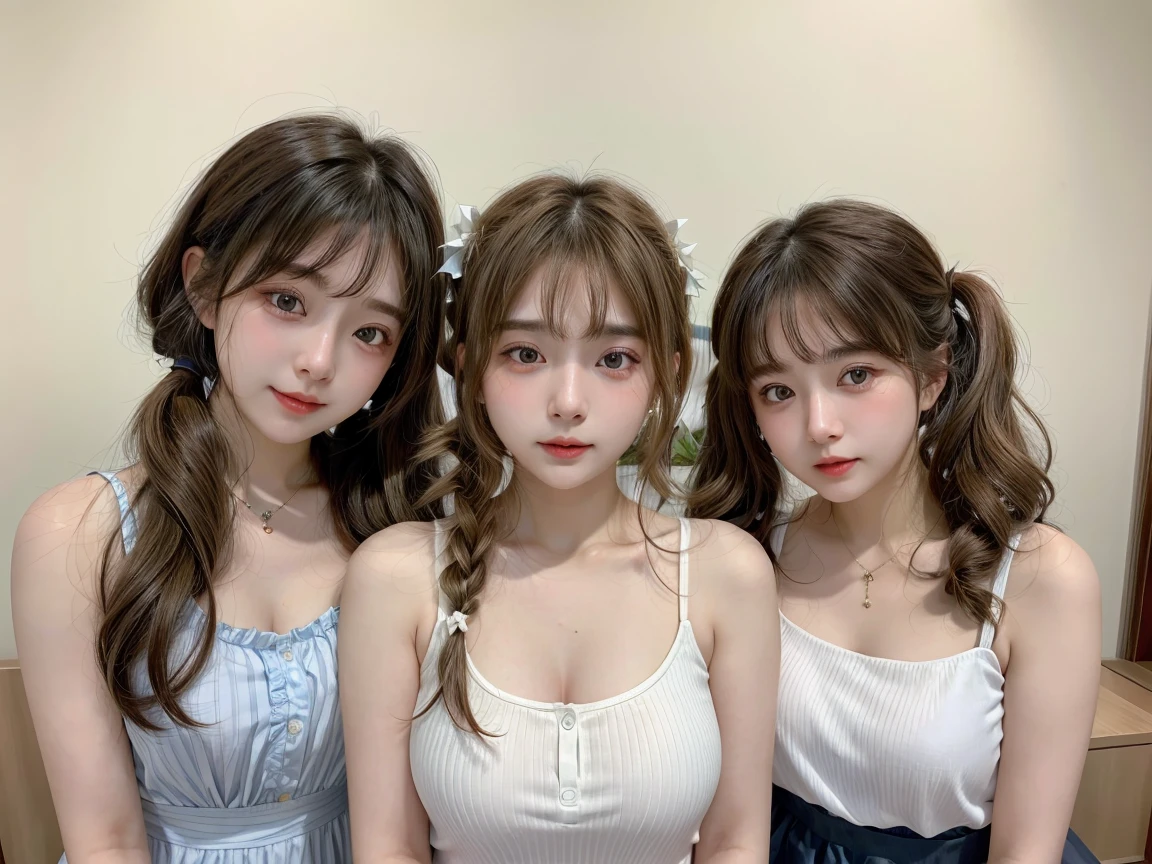 (3 girls)(((High quality、High precision、4K,8K)))、one woman、beautiful body、modest、hair accessories、Low Twintails、beautiful collarbone、white skin、Sensitive skin、move、groan、She is a good girl with good manners.、