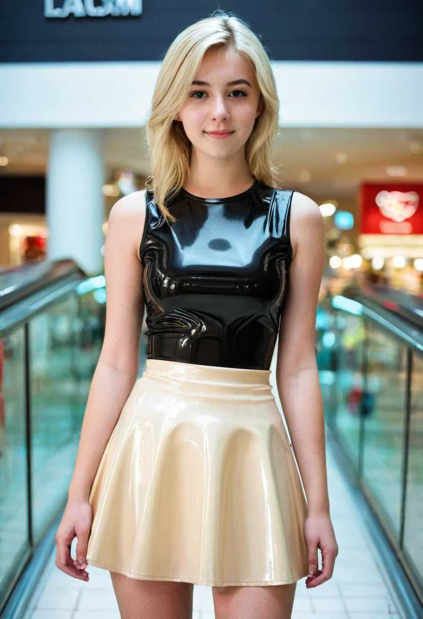 Realistic amateur photo posted to , Young Female ,mall, 20-year-old, (upper_body),(( blonde )), sleeveless, medium breasts, realistic,( latex shirt, latex skirt)