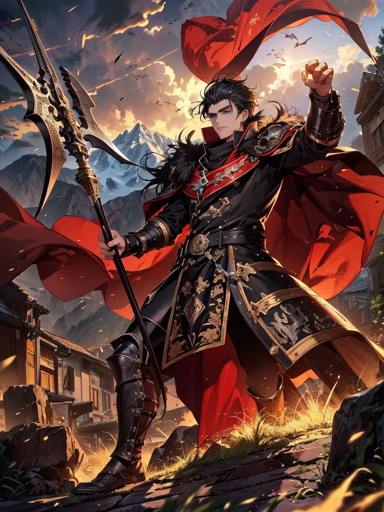 Masterpiece,best quality,Highly detailed,very detailed, Digital Artwork, Levi Bouman,  holding a halberd to pierce the sky, Focus Man, alone, Long shot, full body, Face details,clear face,handsome, Thick eyebrows, black hair,black short hair ,blue eyes, mountain, wearing black armor,wearing a black fur coat, electricity, Fighting posture, Embedded, glove, outdoor, black coat, From the side 31-years old、male people、A darkHair , Demons、single body、Black clothe、A slender、black backgrounds、blue eyes、natta、Angry、Black Armor、masterpiece