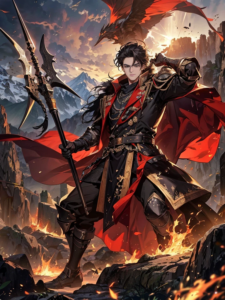 Masterpiece,best quality,Highly detailed,very detailed, Digital Artwork, Levi Bouman,  holding a halberd to pierce the sky, Focus Man, alone, Long shot, full body, Face details,clear face,handsome, Thick eyebrows, black hair,black short hair ,blue eyes, mountain, wearing black armor,wearing a black fur coat, electricity, Fighting posture, Embedded, glove, outdoor, black coat, From the side 31-years old、male people、A darkHair , Demons、single body、Black clothe、A slender、black backgrounds、blue eyes、natta、Angry、Black Armor、masterpiece