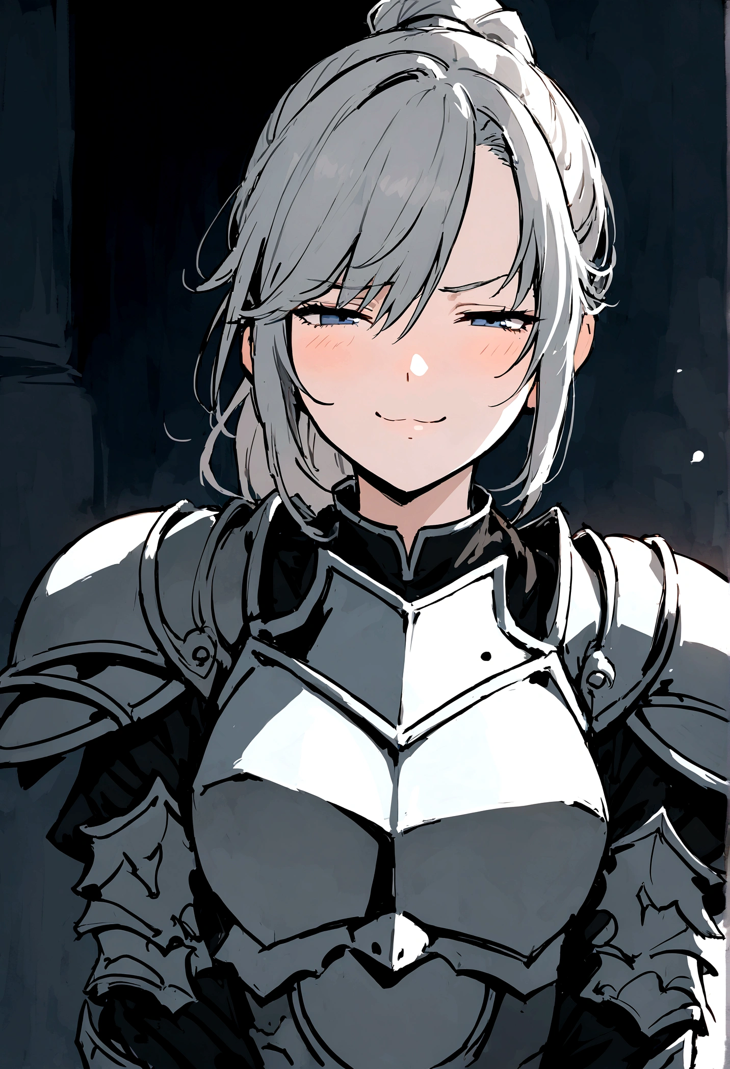 Beautiful girl knight in armor, Gray Hair, tsurime, fantastic, Face your body forward like a certificate photo, shoot from front, Ponytail, Armor Girl, beautiful female knight, Female Paladin, pale blue eyes, narrowed eyes squint, Talking mouth, upper body shot, drawing both arms, Mouth closed, eyes squinted even more, smiling face.