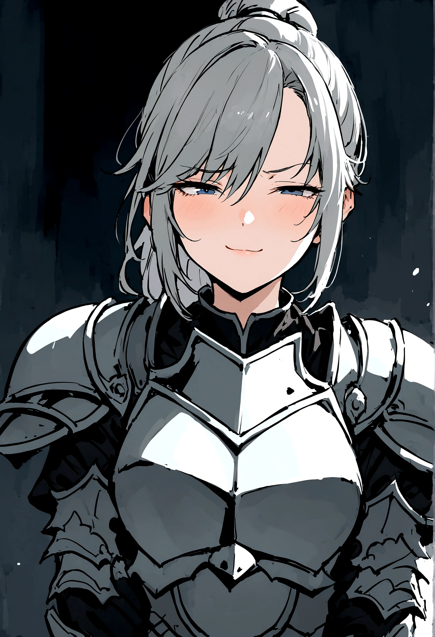 Beautiful girl knight in armor, Gray Hair, tsurime, fantastic, Face your body forward like a certificate photo, shoot from front, Ponytail, Armor Girl, beautiful female knight, Female Paladin, pale blue eyes, narrowed eyes squint, Talking mouth, upper body shot, drawing both arms, Mouth closed, eyes squinted even more, smiling face.