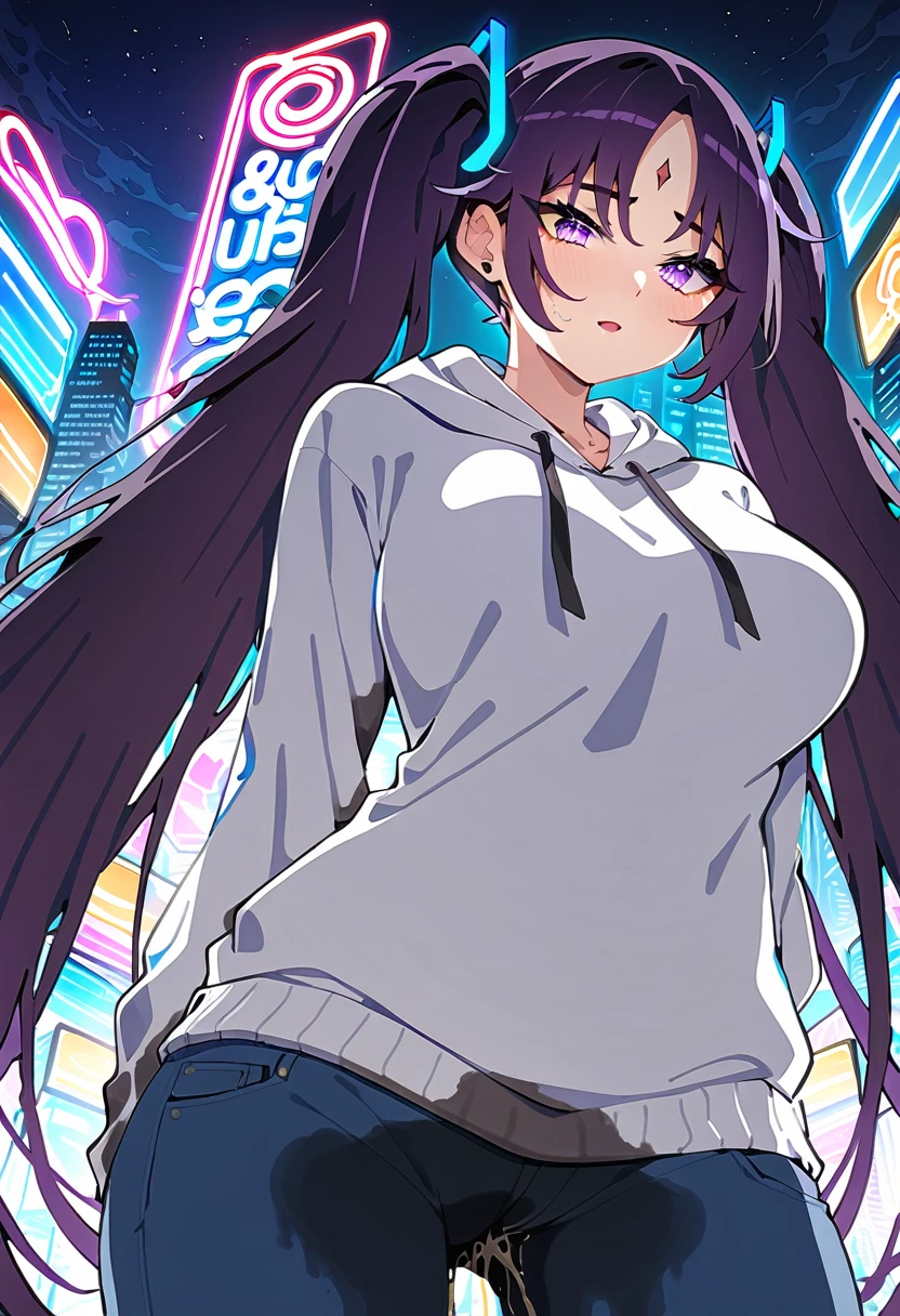(masterpiece:1.37), best quality, (extremely detailed:1.37), woman, (mature:2.0), (adult:2.0), large breasts, (very long hair:1.5), dark purple hair, purple eyes, (extremely detailed eyes:1.37), hoodie, jeans, desperation, (wetting self:2.0), standing, city, futuristic, neon lighting, high-tech