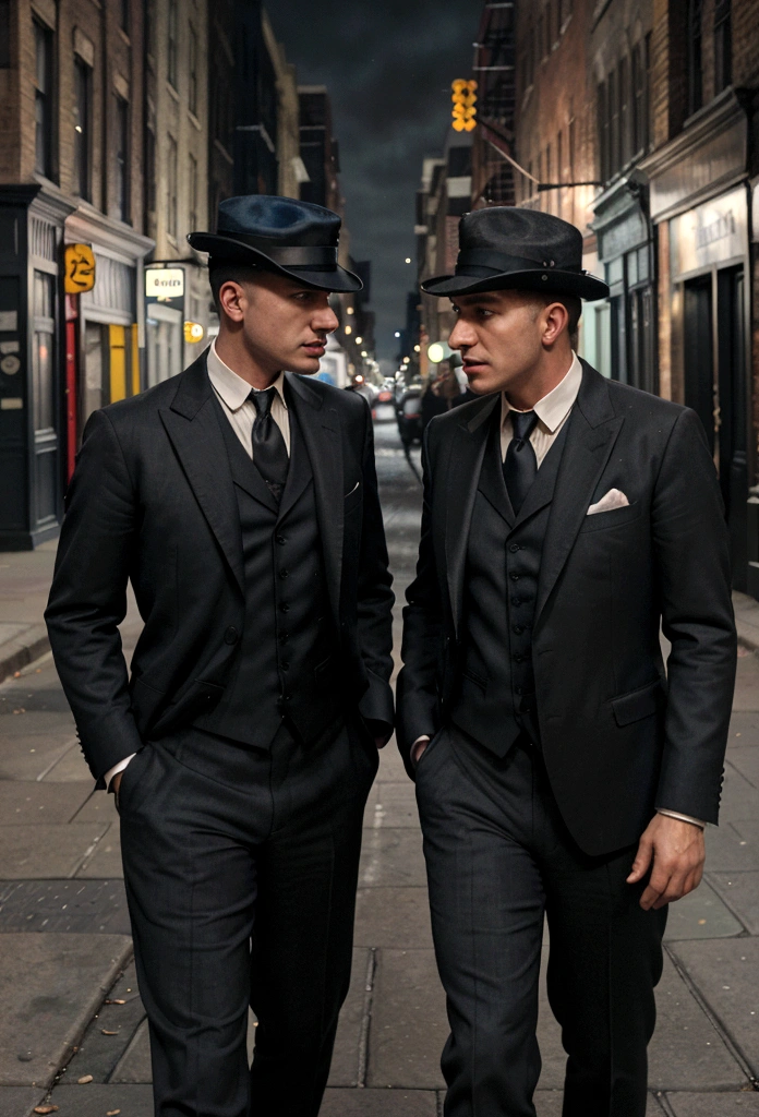 two men with suits talking on a dark street in Whitechapel new york, 1920, hyper-realistic, Photo realism, cinematography, --ar9:16, Facial details: high, marine art