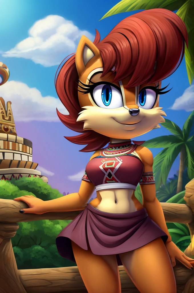 sonic (series), 1girl, anthro chipmunk girl, female mobian, mobian, blunt bangs, short auburn hair, blue eyes, (brown fur:1.3), aztec clothes, aztec skirt, jungle biome, aztec piramid, outline, Intricate Details, Masterpiece, Best Quality, High Quality, Studio Quality, Best Detail, Perfect Detail, Refine Detail, Sally Acorn 