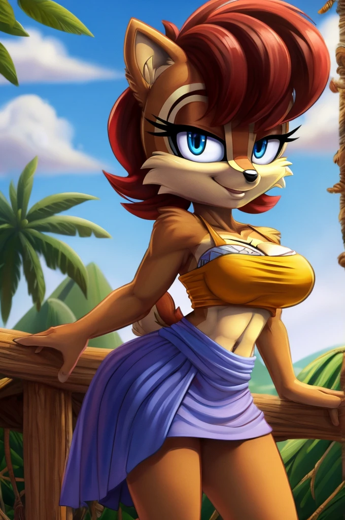 sonic (series), 1girl, anthro chipmunk girl, female mobian, mobian, blunt bangs, short auburn hair, blue eyes, (brown fur:1.3), aztec clothes, aztec skirt, jungle biome, aztec piramid, outline, Intricate Details, Masterpiece, Best Quality, High Quality, Studio Quality, Best Detail, Perfect Detail, Refine Detail, Sally Acorn 