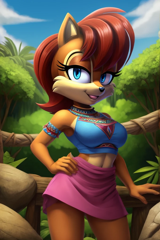 sonic (series), 1girl, anthro chipmunk girl, female mobian, mobian, blunt bangs, short auburn hair, blue eyes, (brown fur:1.3), aztec clothes, aztec skirt, jungle biome, aztec piramid, outline, Intricate Details, Masterpiece, Best Quality, High Quality, Studio Quality, Best Detail, Perfect Detail, Refine Detail, Sally Acorn 