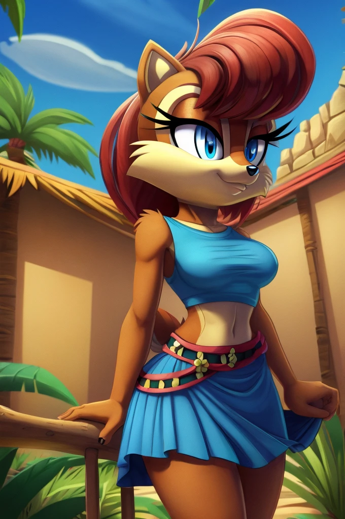 sonic (series), 1girl, anthro chipmunk girl, female mobian, mobian, blunt bangs, short auburn hair, blue eyes, (brown fur:1.3), aztec clothes, aztec skirt, jungle biome, aztec piramid, outline, Intricate Details, Masterpiece, Best Quality, High Quality, Studio Quality, Best Detail, Perfect Detail, Refine Detail, Sally Acorn 