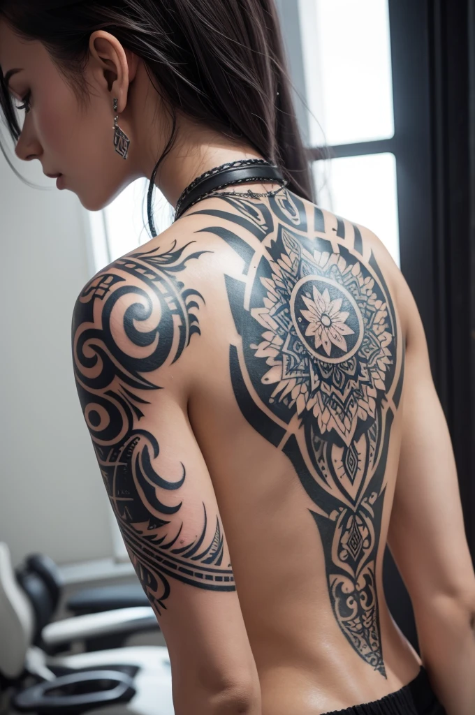 logo tipo de estudio de tatuagem, black tatoo, old tatoo!, back turned, woman, looking over shoulder