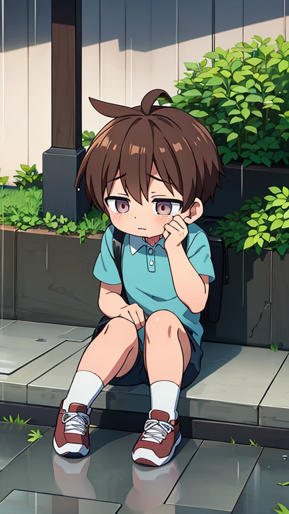 To a very sad little boy sitting on a sidewalk crying The weather is rainy