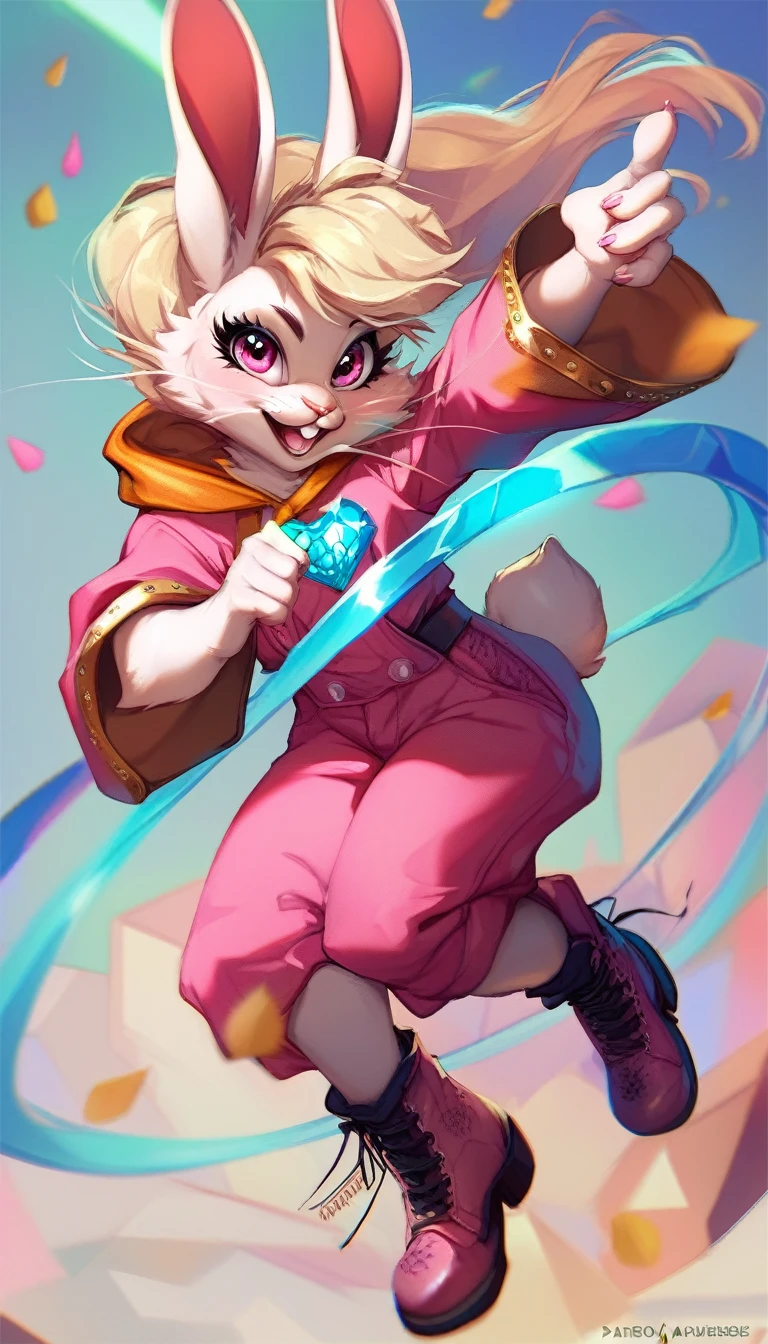in a mystical burrow realm, an anthropomorphic rabbit deity warrior, Rabbit_Warrior_Goddess, fluffy white fur, vibrant pink eyes, Rabbit ears adorned with glowing emerald gems, elaborate carrot-shaped weapon, pink armor with gold accents, ruffled pink ears fringes, long wispy tail with pink and gold stripes, golden tail tip, pink hooded robe, pale pink overalls, pink combat boots, left hand clutching the weapon hilt, right hand in a protective guard pose, whiskers gently