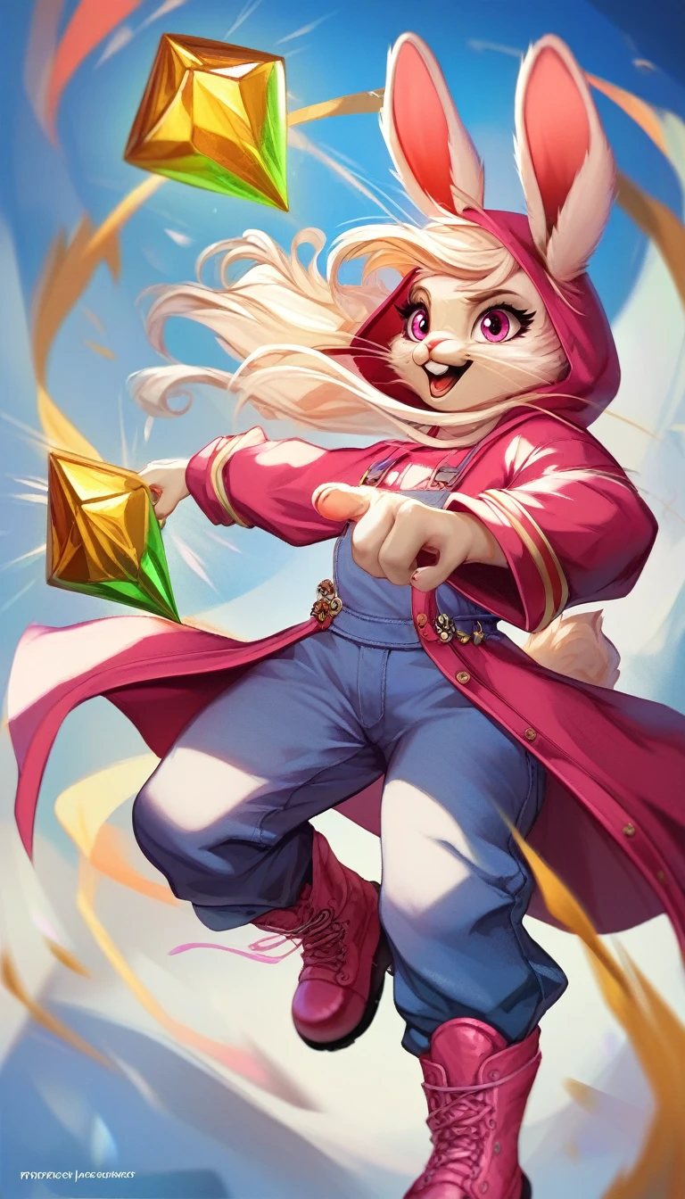 in a mystical burrow realm, an anthropomorphic rabbit deity warrior, Rabbit_Warrior_Goddess, fluffy white fur, vibrant pink eyes, Rabbit ears adorned with glowing emerald gems, elaborate carrot-shaped weapon, pink armor with gold accents, ruffled pink ears fringes, long wispy tail with pink and gold stripes, golden tail tip, pink hooded robe, pale pink overalls, pink combat boots, left hand clutching the weapon hilt, right hand in a protective guard pose, whiskers gently