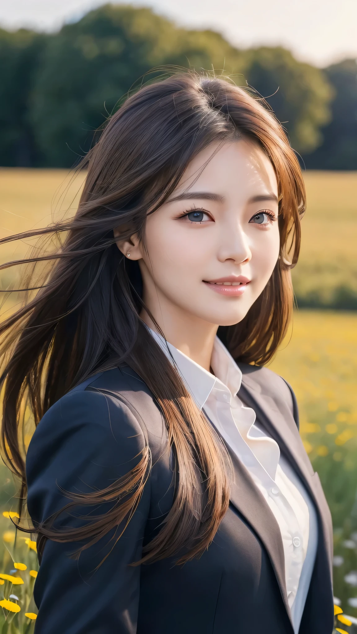 highest quality、genuine、Super detailed、finely、High resolution、8k wallpaper、one beautiful woman、、、light brown disheveled hair、wearing a business suit、sharp focus、perfect dynamic composition、beautiful and detailed eyes、thin hair、Detailed genuine skin texture、smile、model body shape、In a windswept meadow