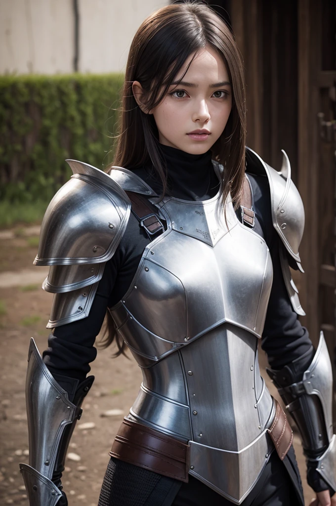 22-year-old woman with pale white skin in pink tones plus hazel eyes and light brown hair with silver tips, slim body with curves and a black suit with armor and knife sheaths