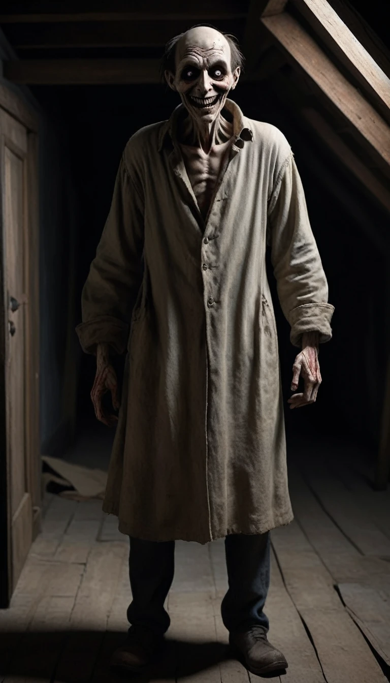 Image of a pale figure with a hunched back, with empty eyes and a distorted smile, (holding a  in his arms) in a dark attic. The crooked man has a frightening and menacing appearance.
Ultra realistic image.
