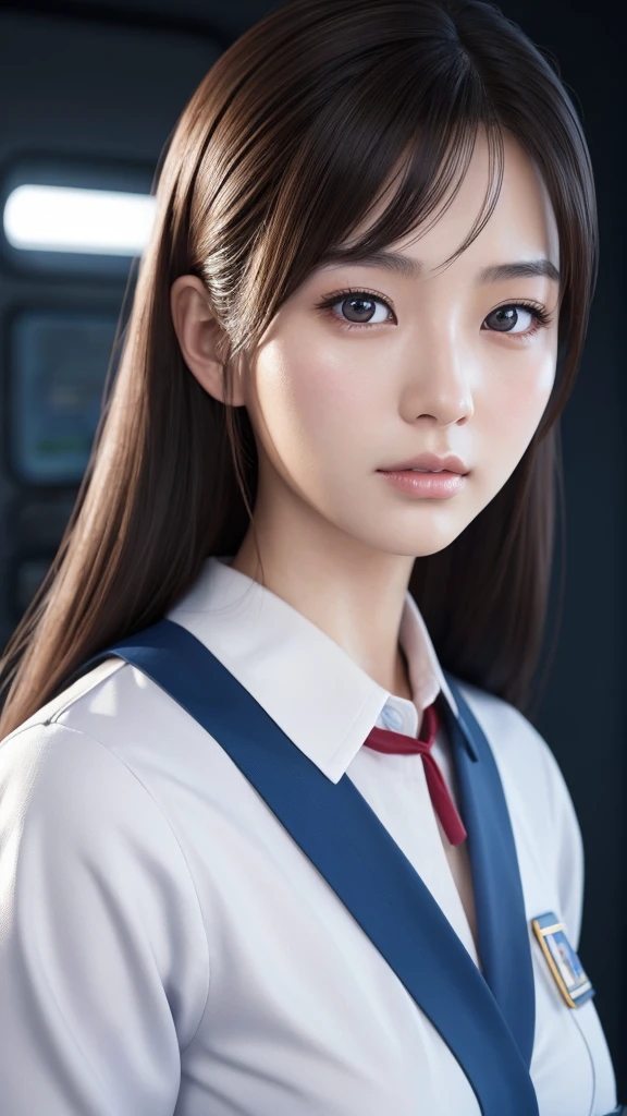 A beautiful young Japanese woman, around 20 years old, wearing a stewardess uniform, ultra-detailed, 8K resolution, highly realistic, cinematic lighting, best quality, masterpiece, photorealistic, physically-based rendering, extremely detailed, vivid colors, professional, sharp focus, studio lighting