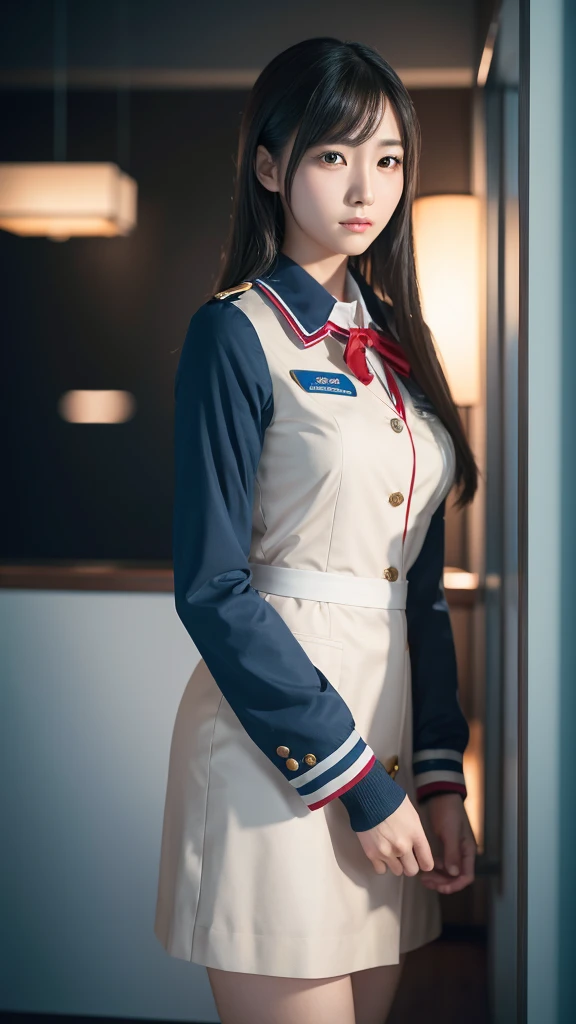 A beautiful young Japanese woman, around 20 years old, wearing a stewardess uniform, ultra-detailed, 8K resolution, highly realistic, cinematic lighting, best quality, masterpiece, photorealistic, physically-based rendering, extremely detailed, vivid colors, professional, sharp focus, studio lighting