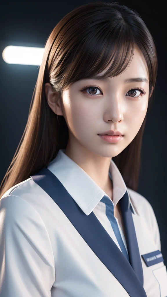 A beautiful young Japanese woman, around 20 years old, wearing a stewardess uniform, ultra-detailed, 8K resolution, highly realistic, cinematic lighting, best quality, masterpiece, photorealistic, physically-based rendering, extremely detailed, vivid colors, professional, sharp focus, studio lighting
