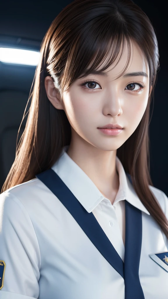 A beautiful young Japanese woman, around 20 years old, wearing a stewardess uniform, ultra-detailed, 8K resolution, highly realistic, cinematic lighting, best quality, masterpiece, photorealistic, physically-based rendering, extremely detailed, vivid colors, professional, sharp focus, studio lighting