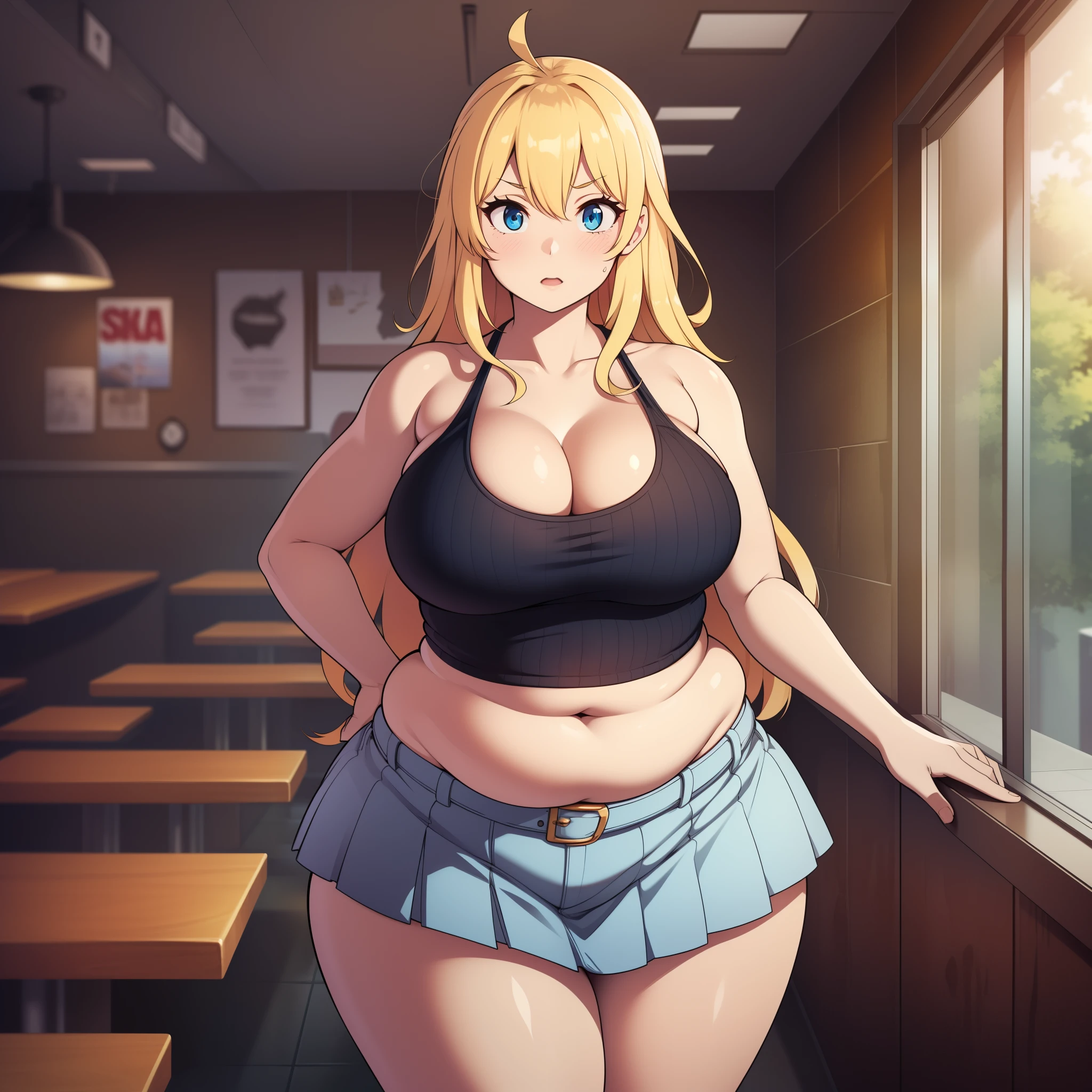 ((highres)), Masterpiece, high quality, best quality, beautiful, perfect lighting, detailed face, ultra cute face, full body, (cowboy shot), ((1girl)), ((solo)), skindentation, blonde hair, blue eyes, short skirt, tank top, thighs clothes, full body, standing in a fast food restaurant, table full of food, intricate background, large breasts, perky breasts, cleavage, ((wide hips)), ((thick thighs)), ((plump)), pudgy belly, fat folds, belly hang,