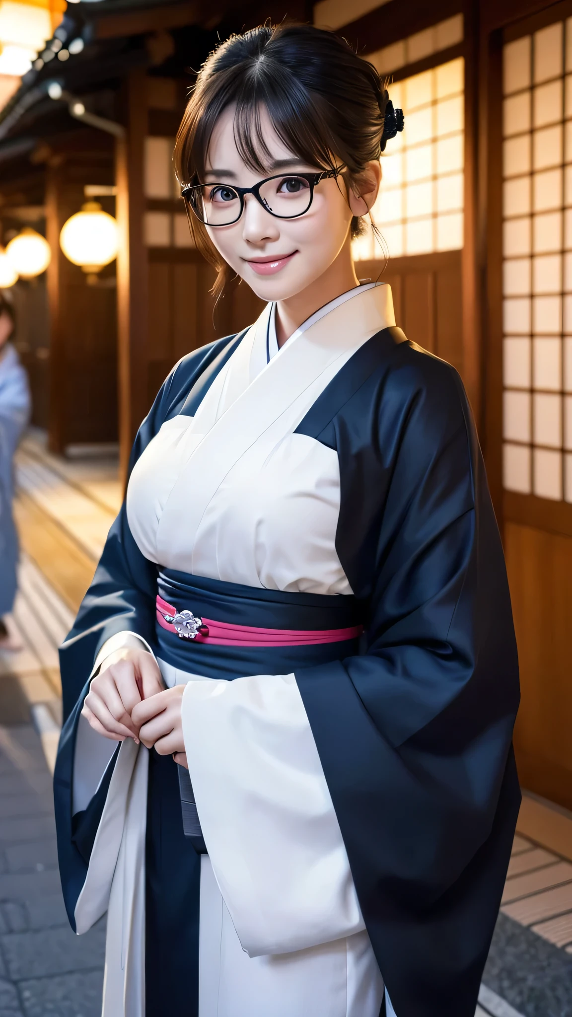 (Super beautiful woman in kimono)、((highest quality、8K masterpiece:1.3))、sharp focus:1.2、(super beautiful face:1.0)、(shiny skin:1.0)、realistic pictures、black hair、video lighting、High resolution eyes and face、video lighting、japanese actress、from the front、big breasts、with a happy smile、Slender abs beauty、whole body、wearing a kimono、in Kyoto、(((luxury obi)))、In Kyoto at night、wearing glasses with no edge、with a fan