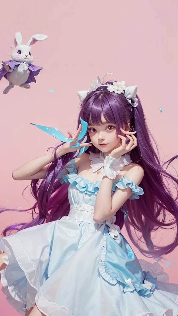 A very cute 12 year old, with loose purple hair, with a bunny floating by the side, with light blue dress.