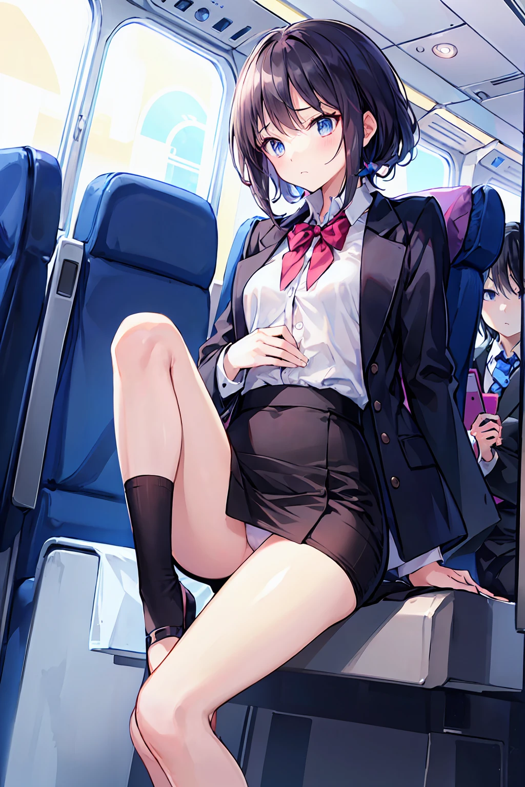 (1 person、alone:1.1), Beautiful woman, thin、(stewardess、Cabin attendant), (Japan Aviation Uniforms、Jacket、Pencil Skirt:1.1)、(Looking down:1.2), (Detailed panties)、20-year-old、(Highest quality)、Black Hair, (Half Up:1.1), Inside the plane、(8K, High resolution)、(shy:1.4)、Mid-chest, thin脚、Small Ass、(vapor:1.1), (Embarrassing:1.3), sit、(Put your knees on your chest、Bend your knees), High heels、Sad face