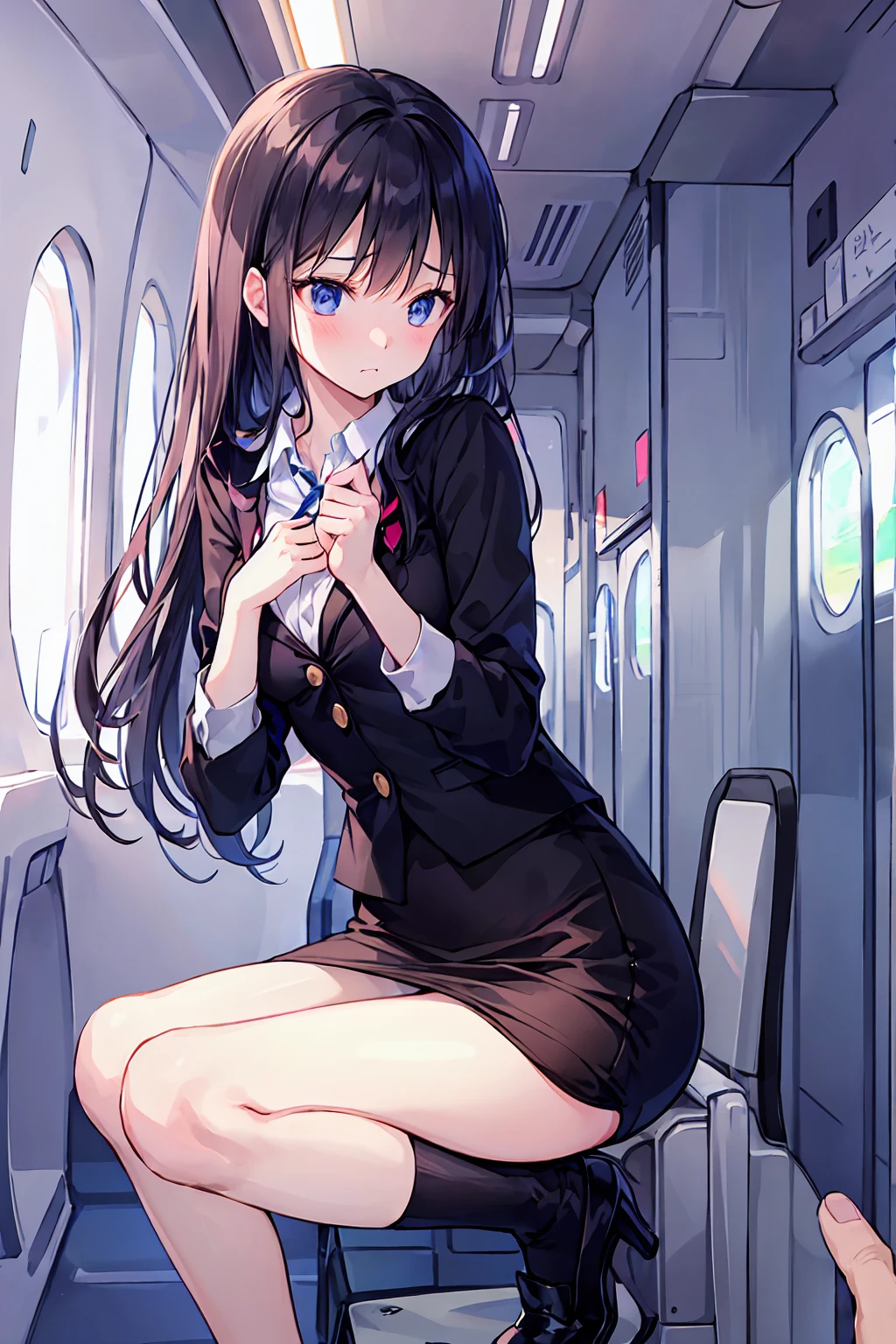 (1 person、alone:1.1), Beautiful woman, thin、(stewardess、Cabin attendant), (Japan Aviation Uniforms、Jacket、Pencil Skirt:1.1)、(Looking down:1.2), (Detailed panties)、20-year-old、(Highest quality)、Black Hair, (Half Up:1.1), Inside the plane、(8K, High resolution)、(shy:1.4)、Mid-chest, thin脚、Small Ass、(vapor:1.1), (Embarrassing:1.3), sit、(Put your knees on your chest、Bend your knees), High heels、Sad face