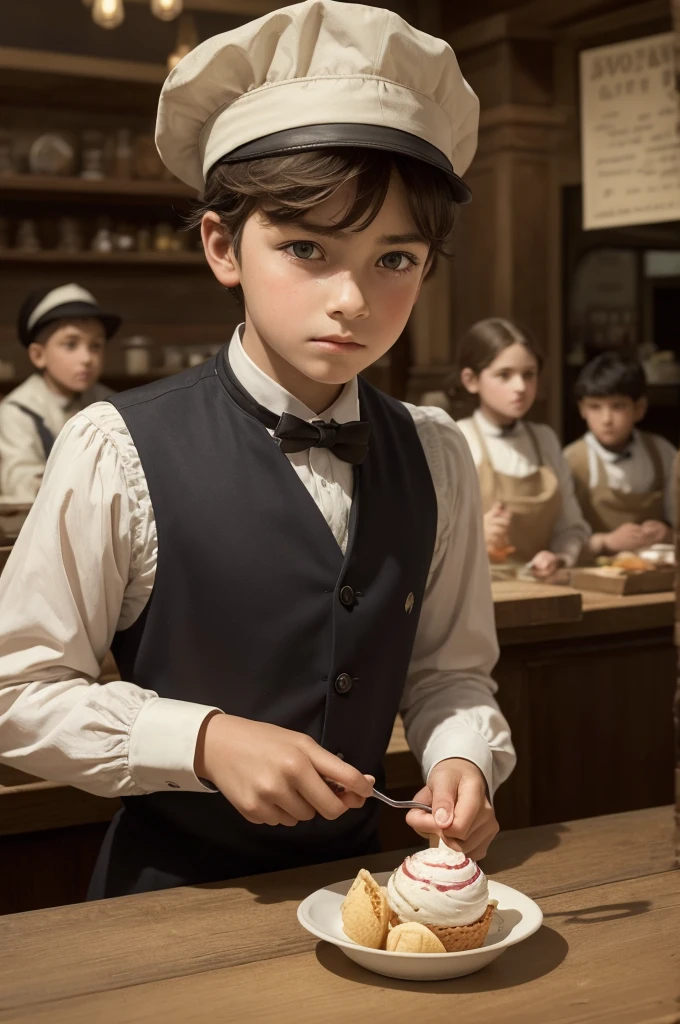 ((best quality)), ((masterpiece)), (detailed), perfect face 10-year-old boy in 1905 asking a serious-looking waitress in an ice cream shop full of customers.