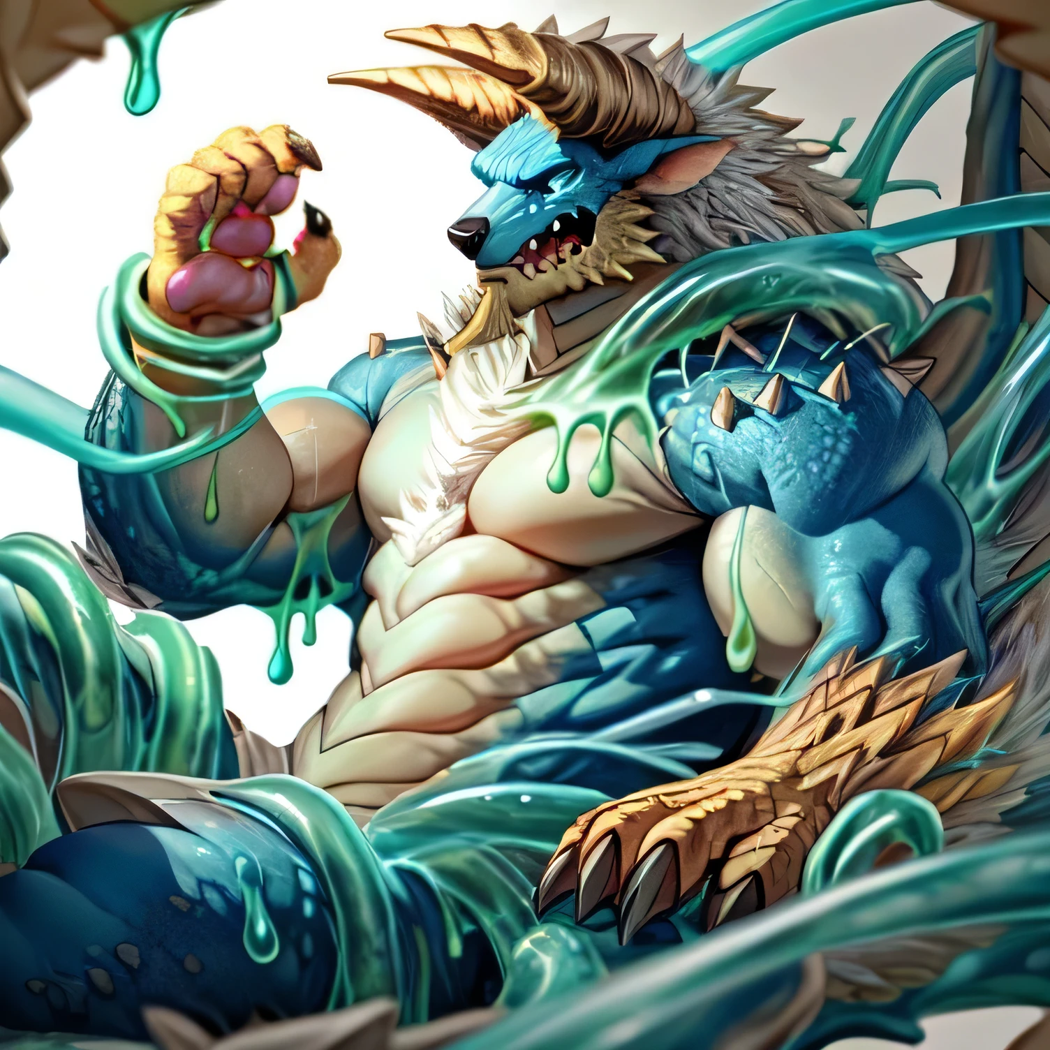 anthropology,(zinogre:1.2),Tail,((whole body,blue eyes, Blue body, White furry, Yellow Hand, Feet, Blue face,4 toes,Tail )),,muscular, whole body, (author:null-ghost,From raccoon21,masterpiece,high quality), Night Fight,((boundary)), rest (((Slime monster uses tentacles to fight dragon)),4 toes,struggle, (pain:1.3),frown,annoyed, Worry,full body,pawpads,((horns))