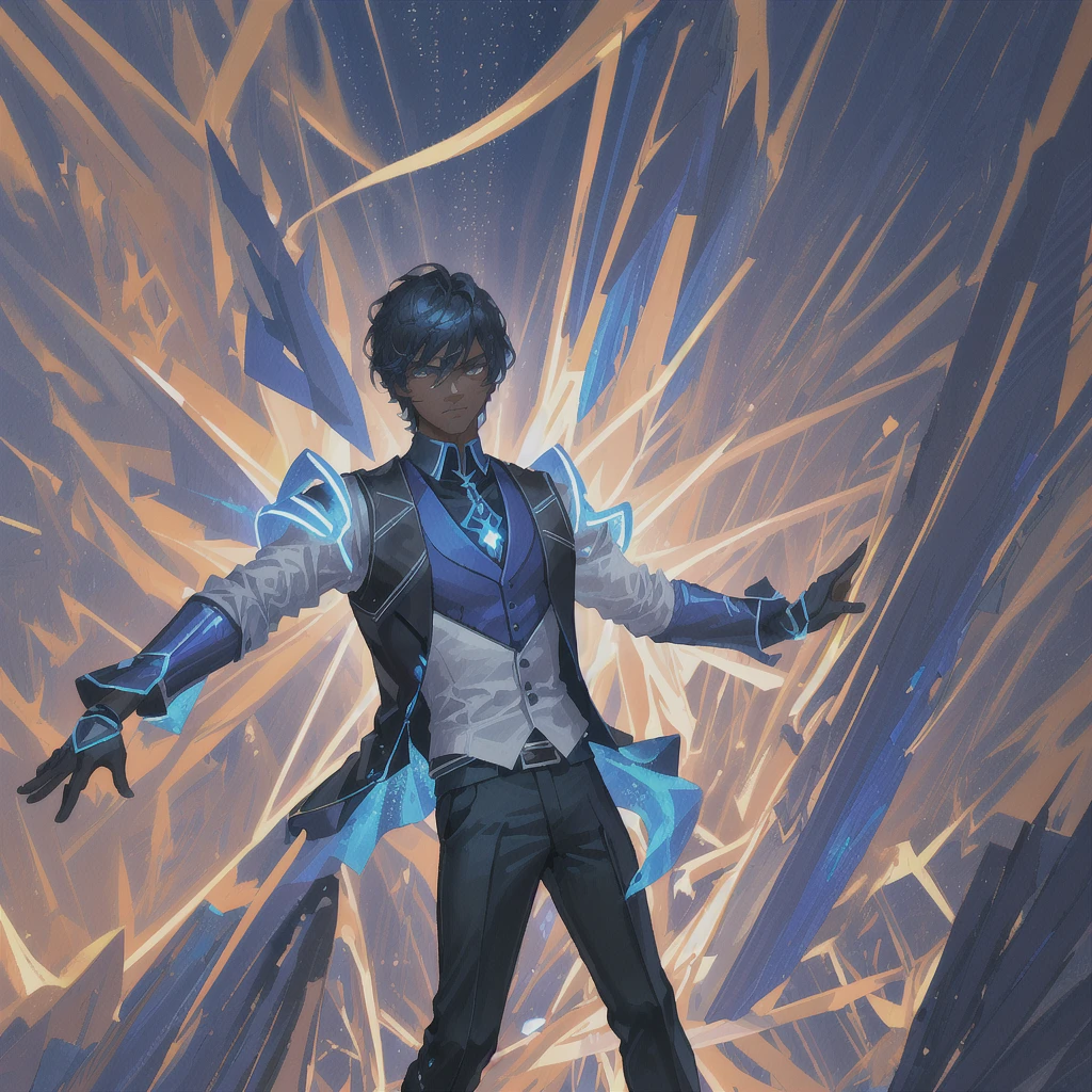 1boy, dark skinned, handsome, age, blue vest with black sleeves, black spandex pants, superhero, energy sword, teleportation powers, cinematic lighting, dramatic pose, action scene, dynamic composition, vibrant colors, photorealistic, 4k, highly detailed, masterpiece
