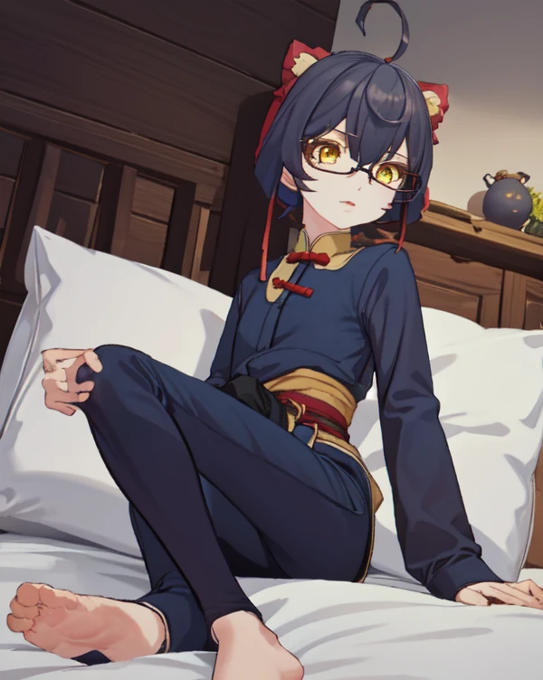 from below, sitting, 1girl, shy, bljenya, yellow eyes, blue hair, glasses, ahoge, onesie, hood, hodie, bed, pillow, berry, candy,