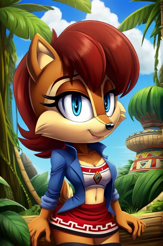 sonic (series), 1girl, anthro chipmunk girl, female mobian, mobian, blunt bangs, short auburn hair, blue eyes, (brown fur:1.3), aztec clothes, aztec skirt, jungle biome, aztec piramid, outline, Intricate Details, Masterpiece, Best Quality, High Quality, Studio Quality, Best Detail, Perfect Detail, Refine Detail, Sally Acorn 